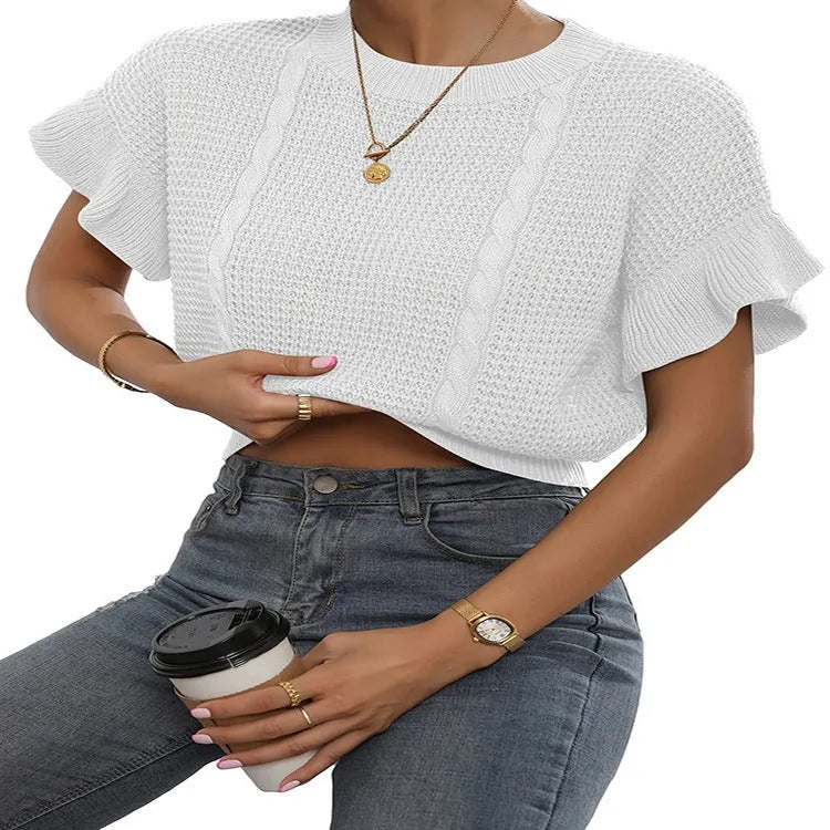 Knitted pullover sweater with ruffled short sleeves on a mannequin, shown in white colour.