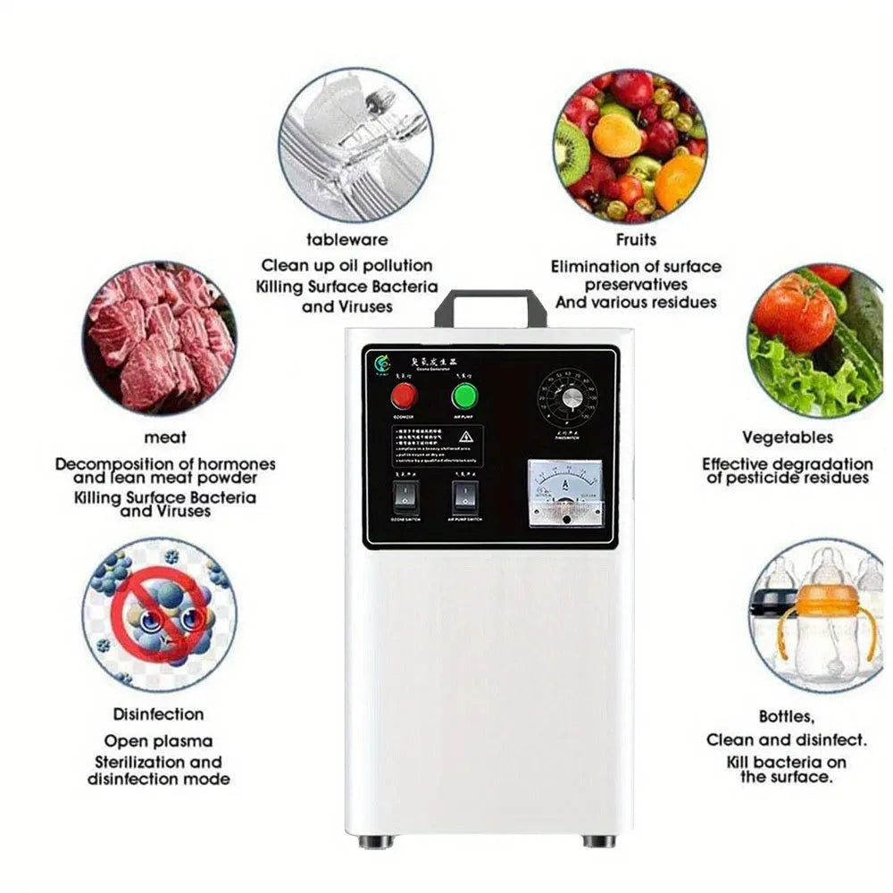 Portable ozone generator for treating fruits and vegetables, in white or stainless steel finish, with 20g per hour output.