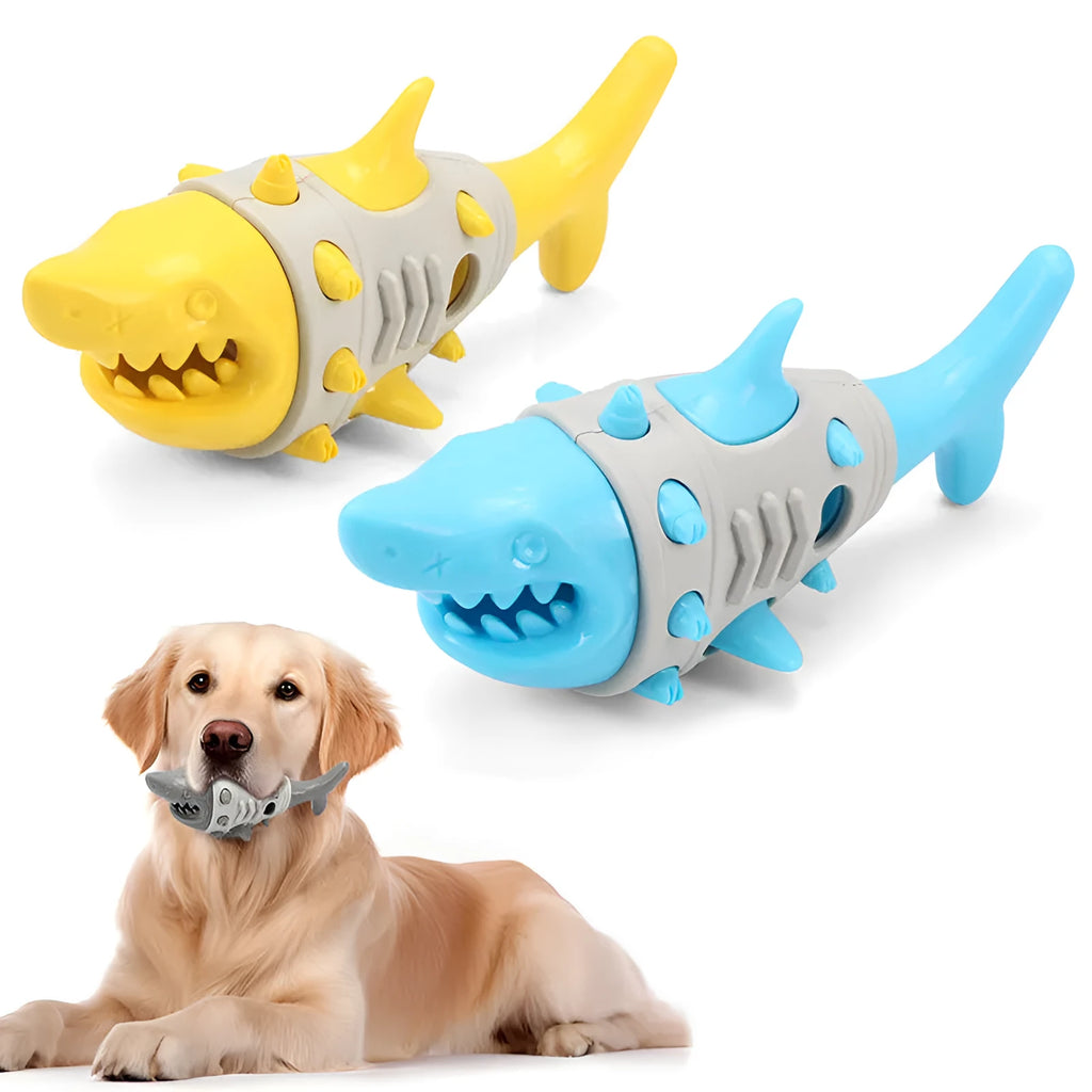 Blue grey yellow dog teething toy with shark-tooth pattern and bite-resistant rubber construction
