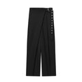 Wool blend wrap design trousers for women black mid waist straight leg inelastic fabric