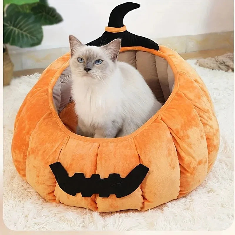 Halloween themed pumpkin cartoon devil design soft plush cat bed for cats and small dogs in black colour.