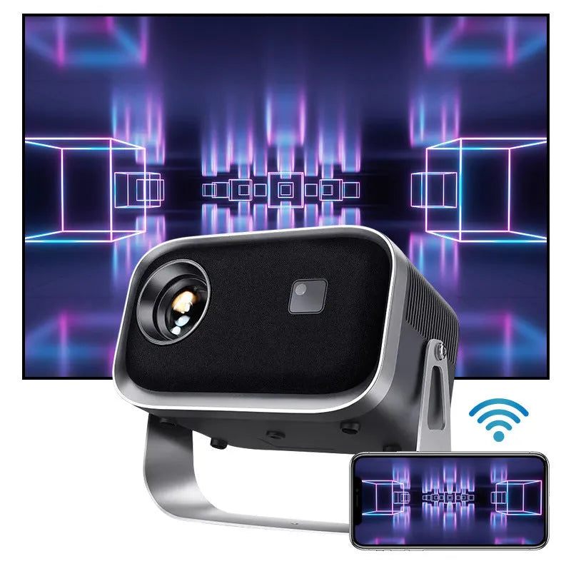 Home HD portable projector with bracket, 1280x720 resolution, and remote control on a table