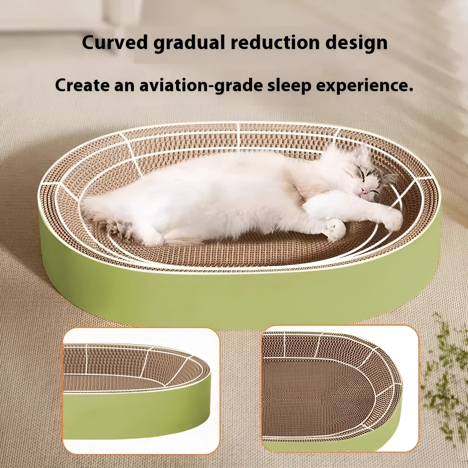 Green oval corrugated paper cat scratch board and nest bed, 55cm diameter