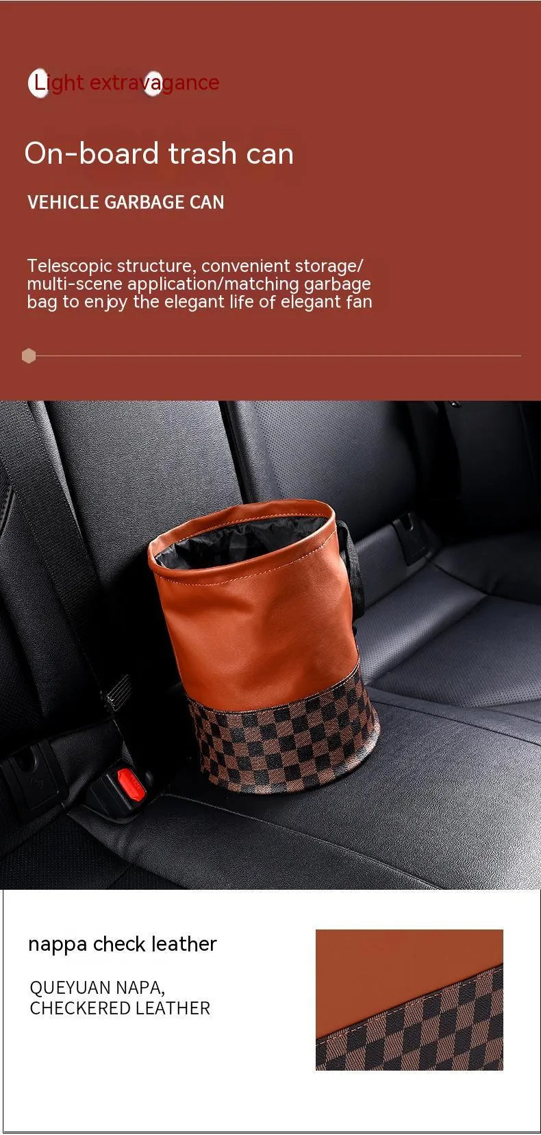 Leather retractable folding car trash can with handle, shown in vehicle interior