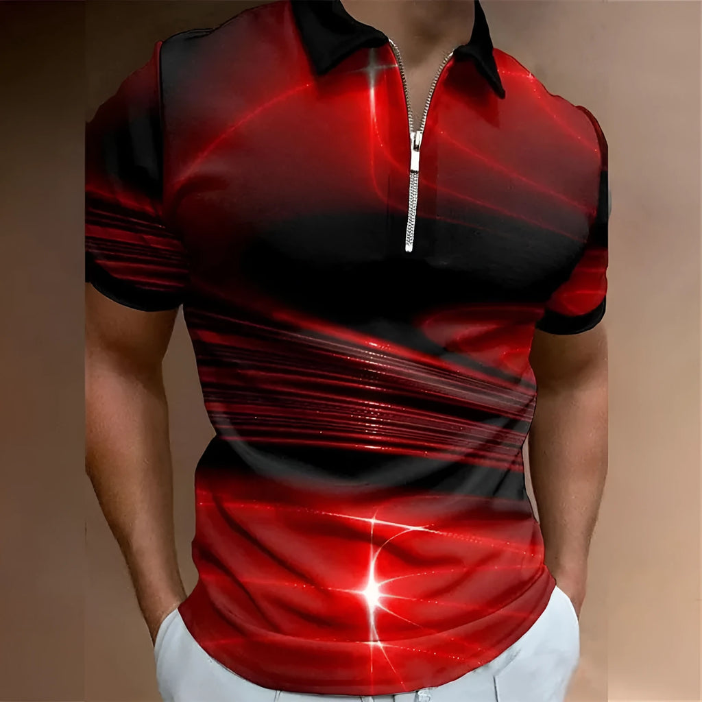 Men's blue lapel collar zipper polo shirt with short sleeves and printed design