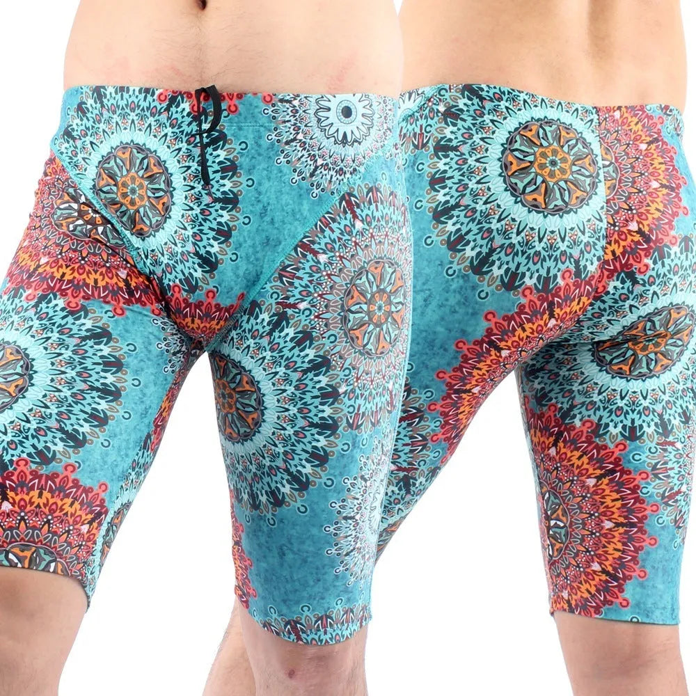 Men's green and navy blue quick-dry swimming trunks with anti-embarrassment lining, loose plus-size fit.