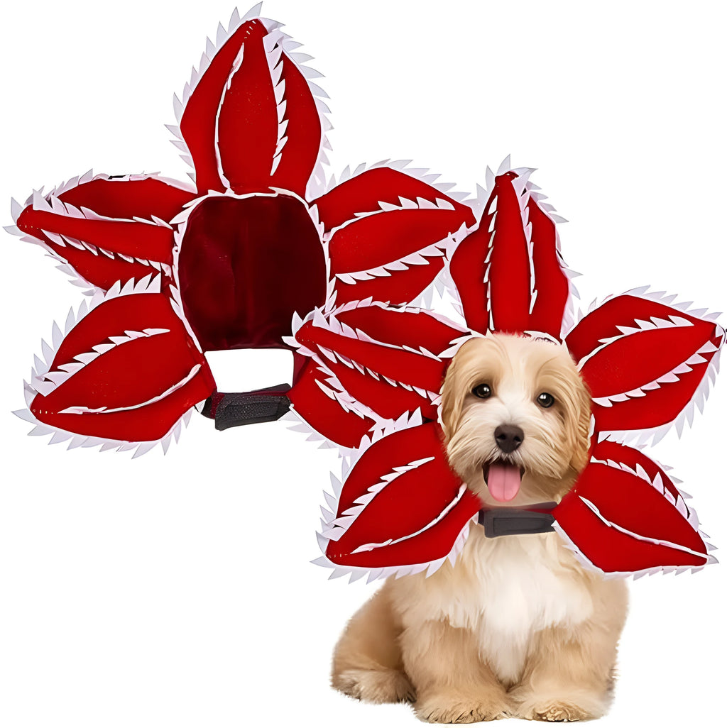 Medium dog demon horn costume headband with black plastic horns and red flower for Halloween