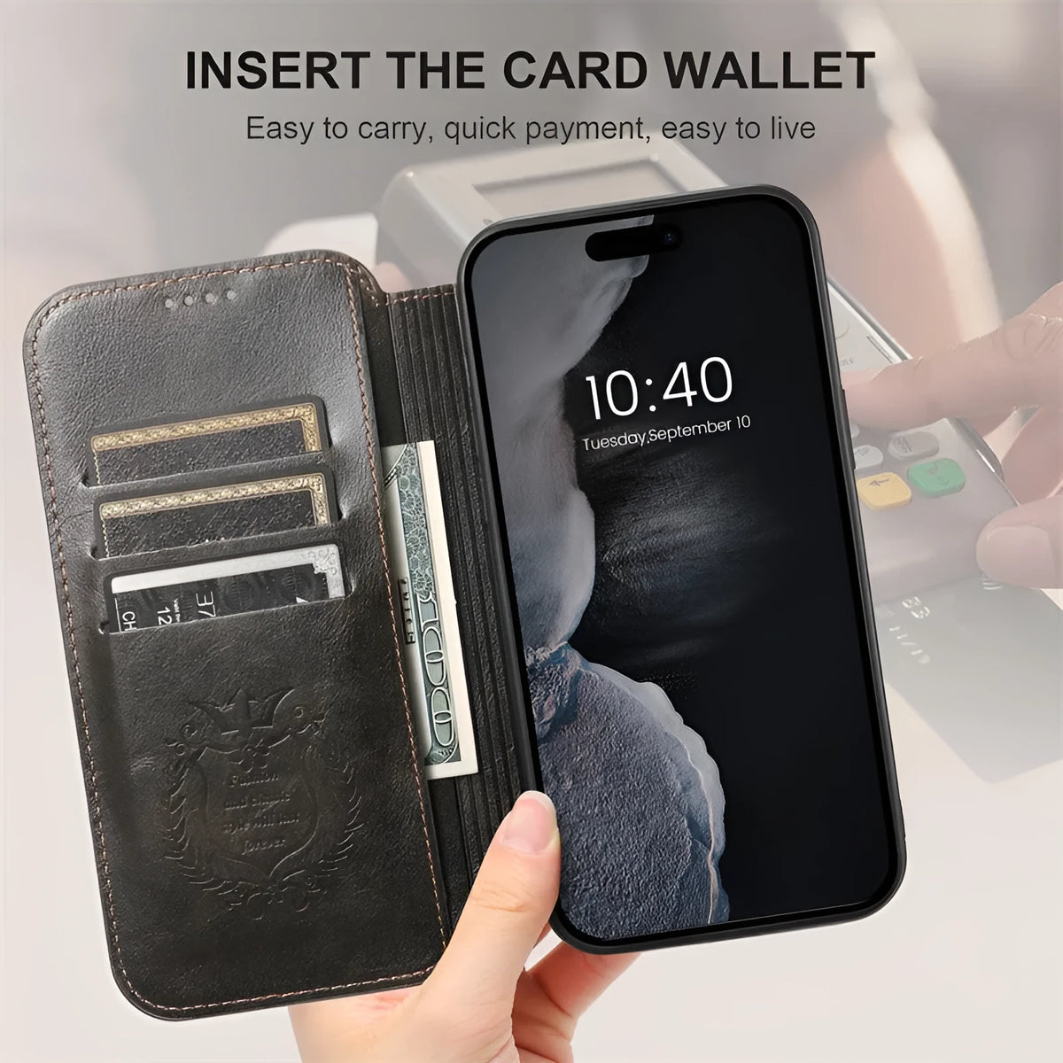 Frosted black PU leather phone case for iPhone 16 with card slot and magnetic back