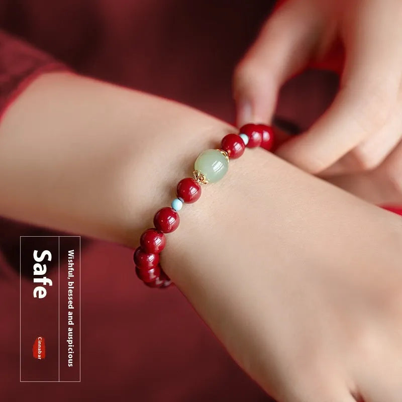 Purple gold sand cinnabar Hetian jade bracelet with geometric ellipse beads in 6mm, 8mm, or 10mm sizes.