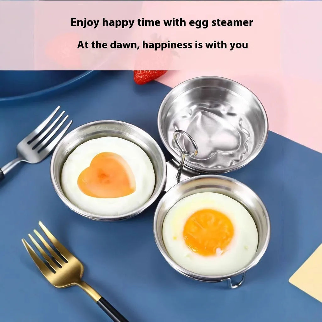 Mini heart-shaped stainless steel egg steamer for cooking a single egg.