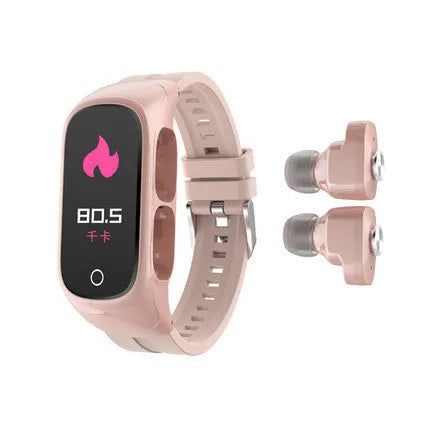 N8 smart bracelet and Bluetooth headset combo worn on wrist in black, white, red, or pink.