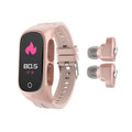 N8 smart bracelet and Bluetooth headset combo worn on wrist in black, white, red, or pink.