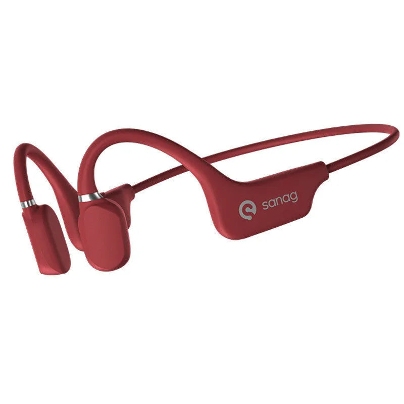 Bone conduction Bluetooth sports headset hanging around a neck, shown in multiple colour options.