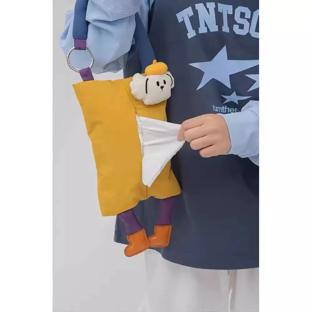 Hanging plush car tissue bag measuring 25cm by 19cm in baby crocodile or hat dog design