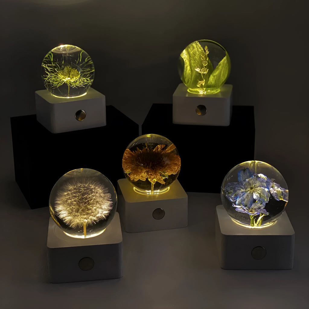 Glass dome desktop night light showing a real preserved dandelion flower with sunflower accents inside.