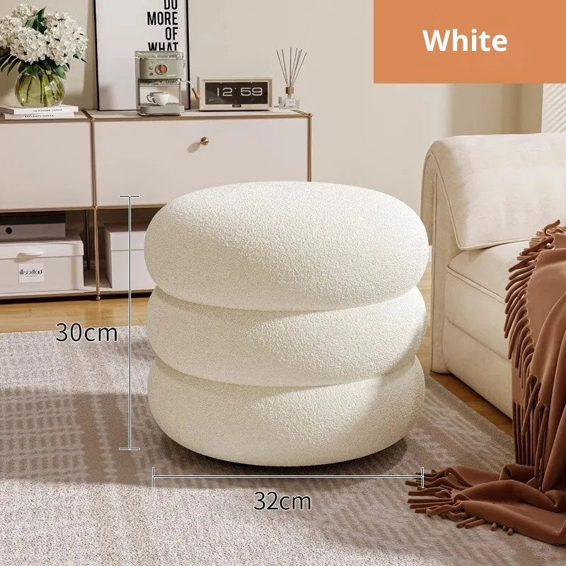 Small round stool with cream-style finish in white colour featuring three layers of lamb high elastic sponge for household use
