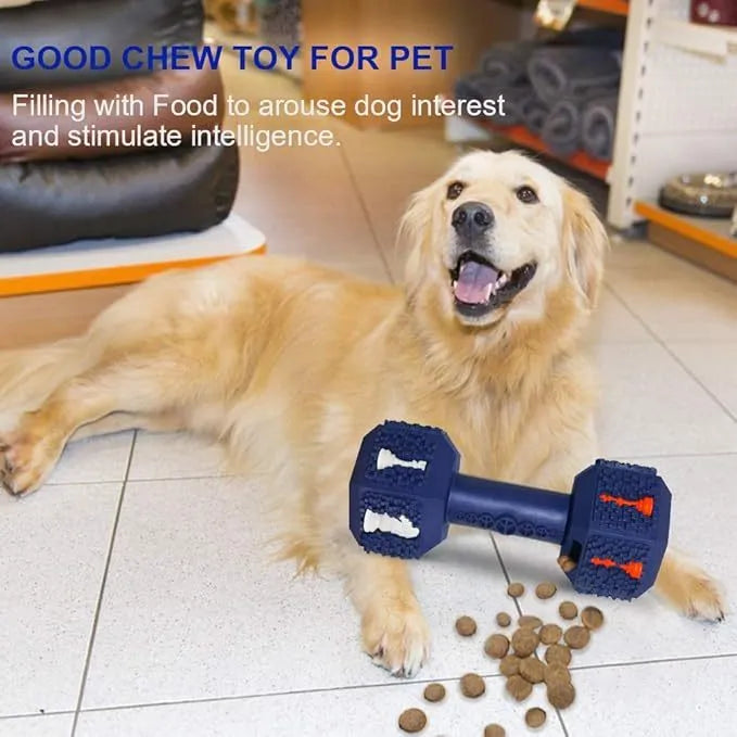 Black and blue durable rubber dumbbell dog chew toy with textured surface for aggressive chewers.