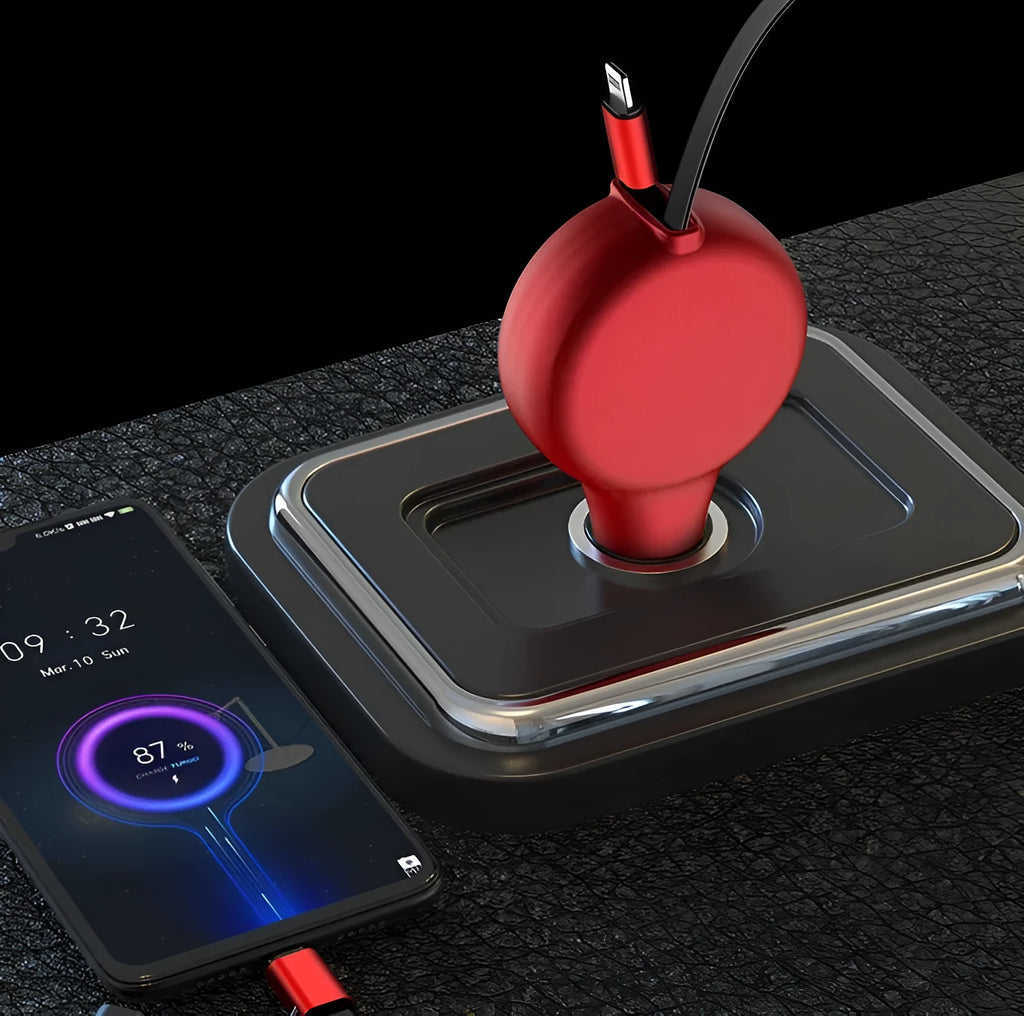 Black retractable car charger with extended cables plugged into a car lighter socket, showing three charging ports.