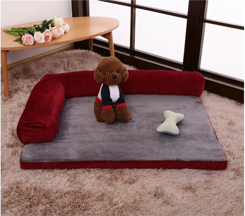 Grey corduroy pet sofa bed for a large dog, showing a non-slip cloth base and plush high-density sponge padding.