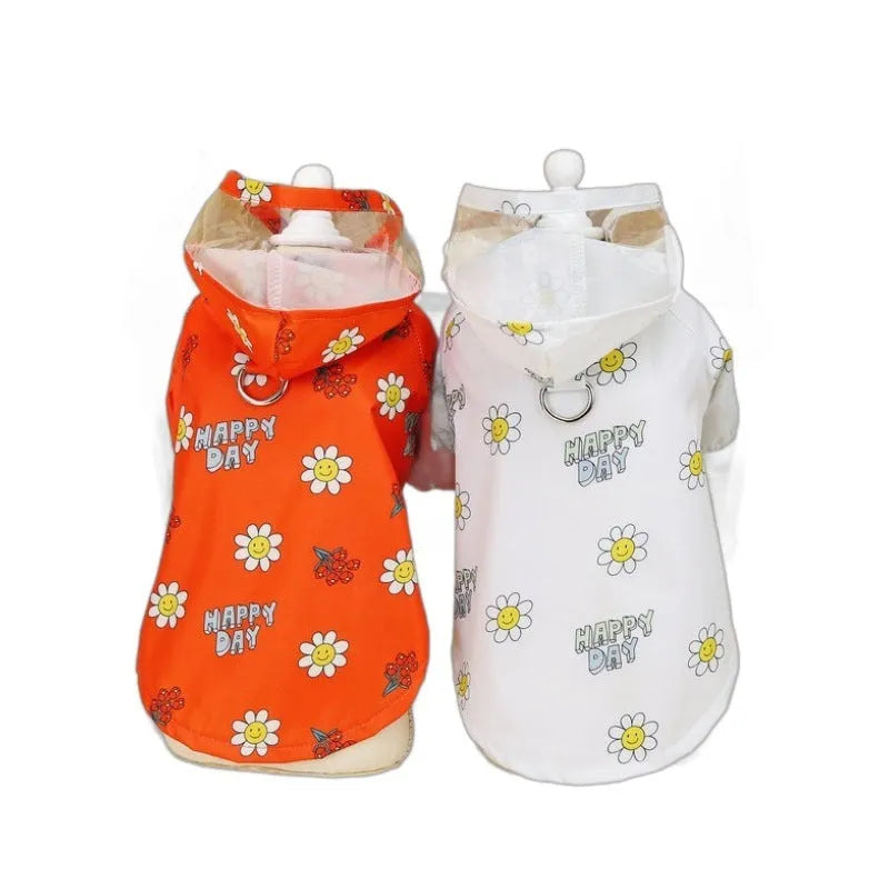 Transparent dog raincoat with small flower print and pull ring traction system