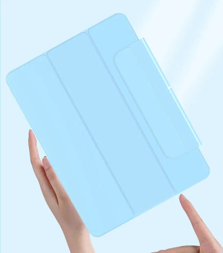 Magnetic iPad protective case in blue with a detachable drawer pen slot for Apple Pencil storage.