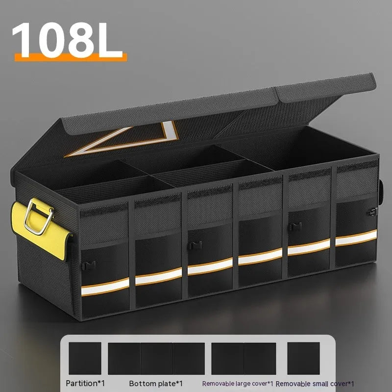 Black and yellow foldable fabric car boot storage organiser bag with handle.