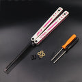 Unbladed aluminium butterfly knife trainer with G10 grip patches showing 25.5cm length and black finish