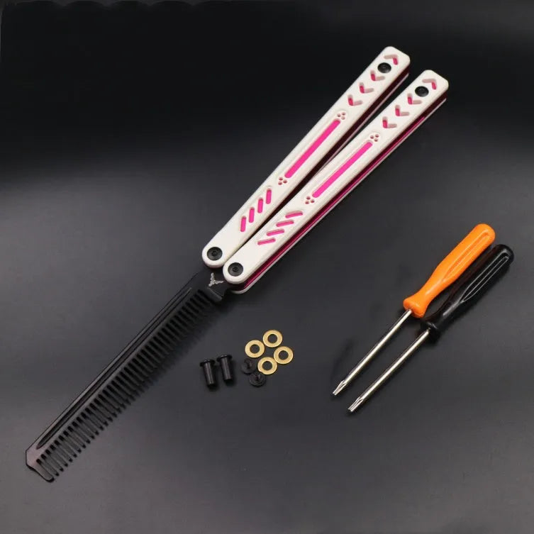 Unbladed aluminium butterfly knife trainer with G10 grip patches showing 25.5cm length and black finish
