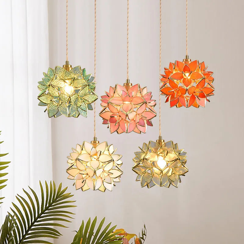 Stained glass hanging line chandelier with copper lamp head in a choice of light colours.
