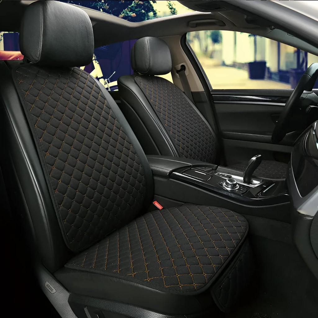 Linen car seat cushion showing universal fit design available in six colour variations