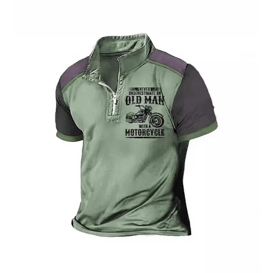 Men's casual lapel collar polo shirt with a digital letters pattern and zipper details on the front.