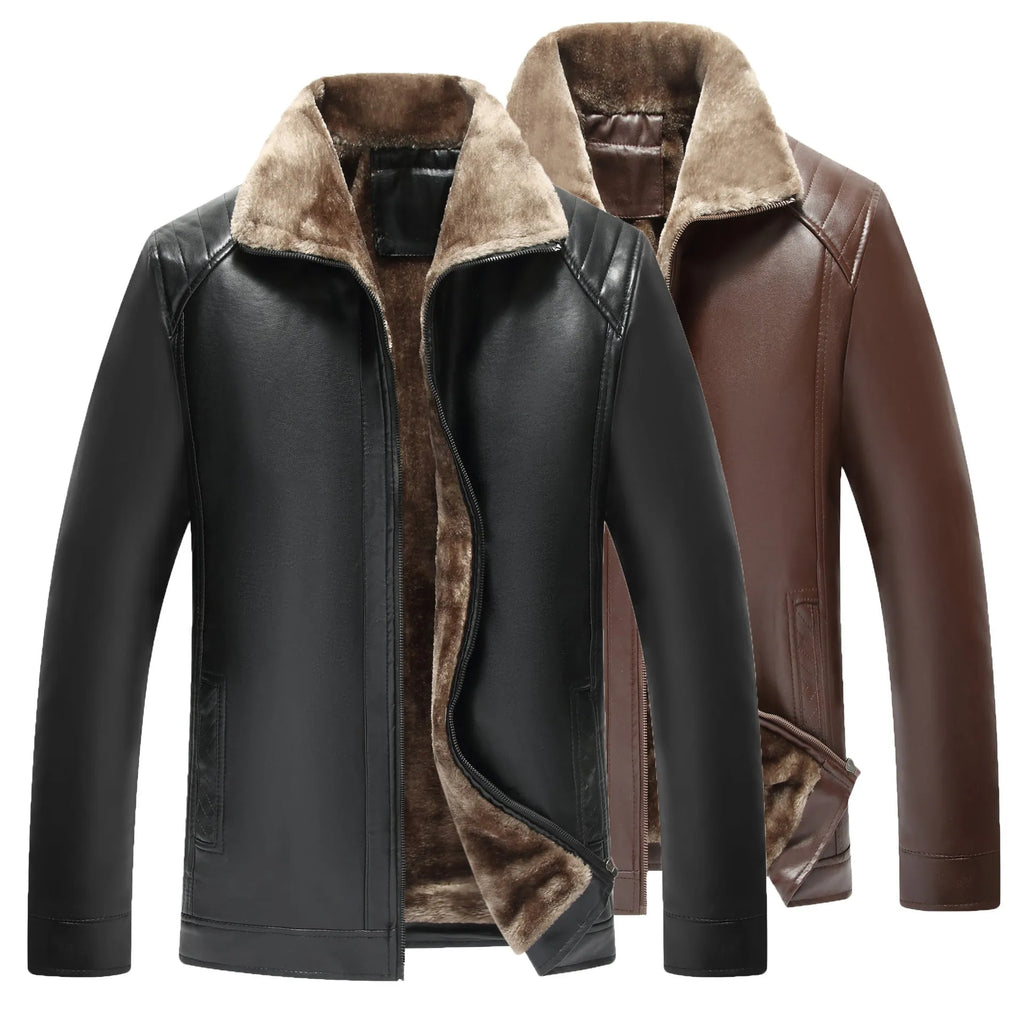 Casual fur-lined artificial leather jacket for older men in brown, side seam pockets, winter wear