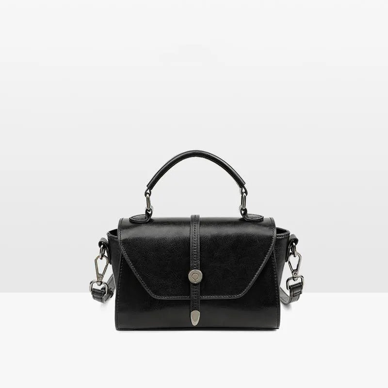 Dark brown women's genuine leather messenger bag with stitching, horizontal square shape 20x9x12 cm, front view