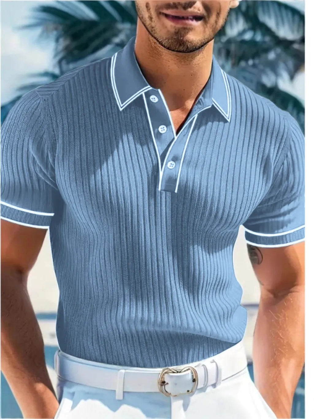 Men's striped loose fit polo shirt in polyester blend fabric