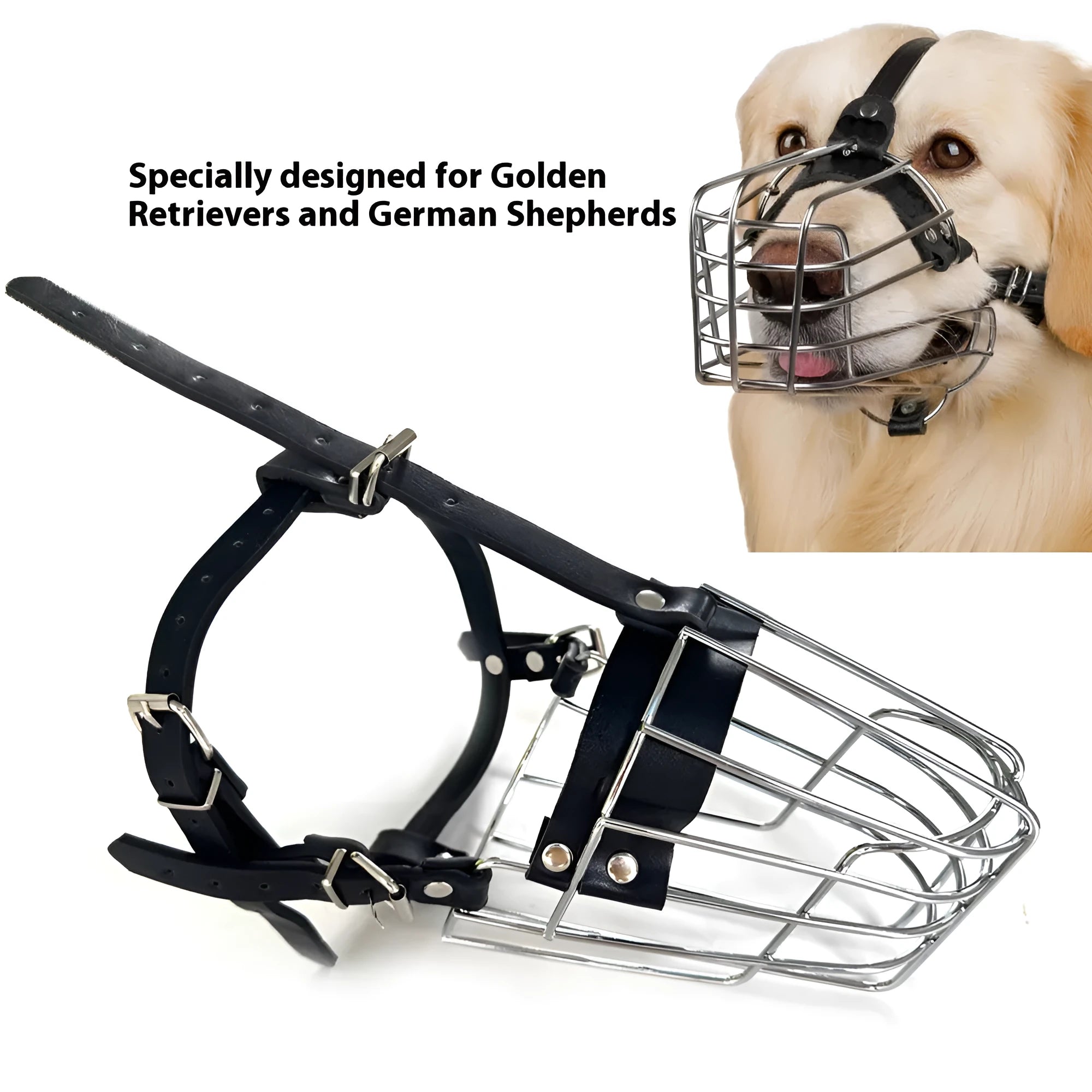 Black metal wire basket dog muzzle shaped for a golden retriever or German shepherd, showing adjustable strap and buckle.