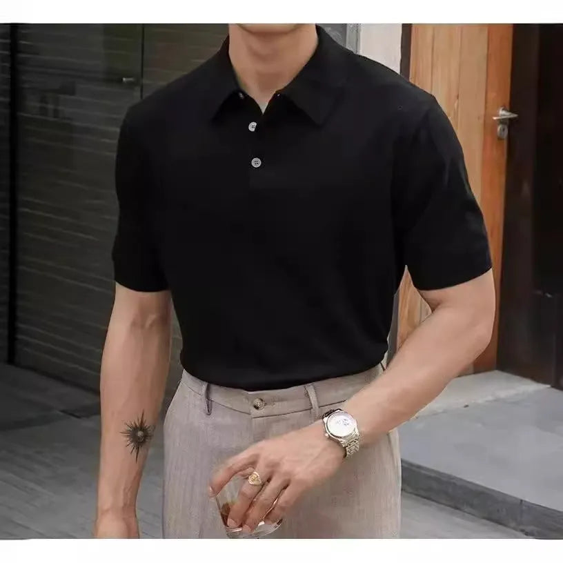 Men's knitted short sleeve polo shirt in cotton ice silk fabric, shown in a selection of available colours.