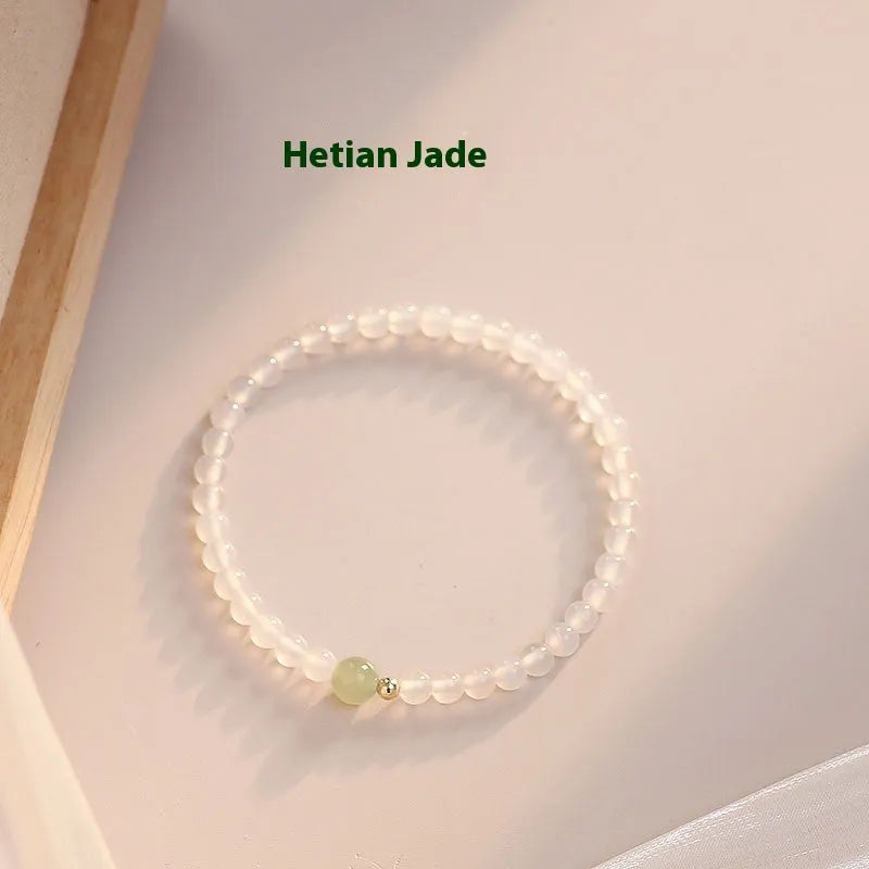 White agate women's bracelet with New Chinese style design showing polished beads and 15cm length
