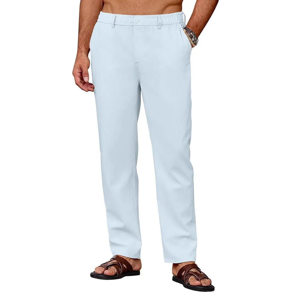 Men's casual straight leg drawstring pants in polyester with slight stretch, full length, low waist, spring trousers