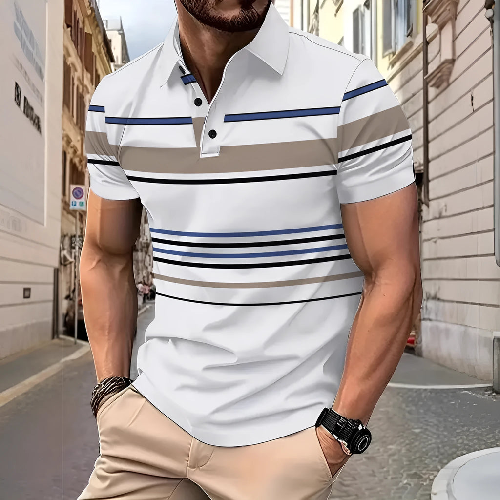 White men's striped short sleeve T-shirt with loose fit design for summer casual wear
