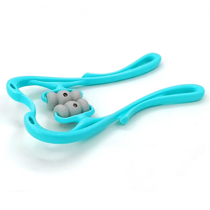Blue handheld neck massager with rotating head showing pressure point nodes