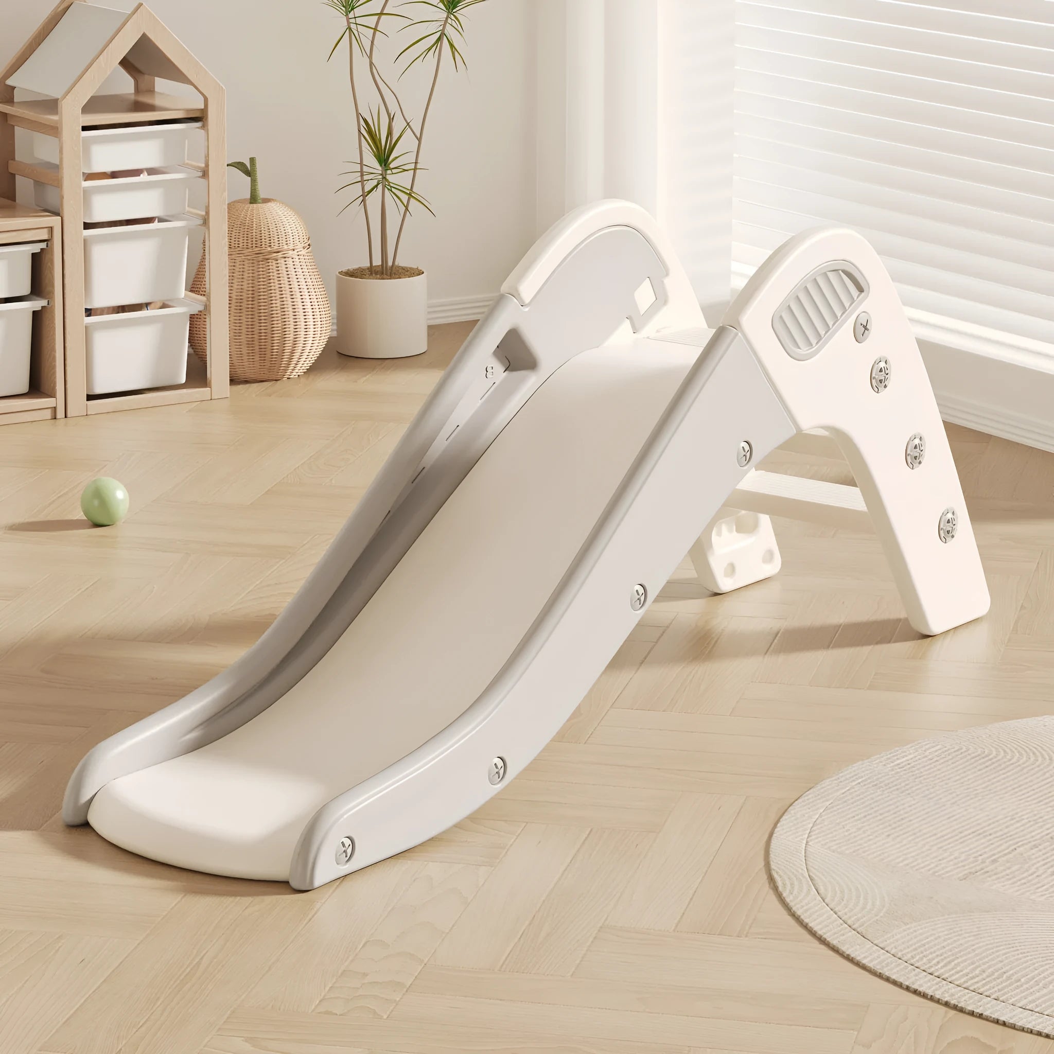 Small plastic baby slide for toddlers under 3 years in blue, yellow, brown, or grey colour options