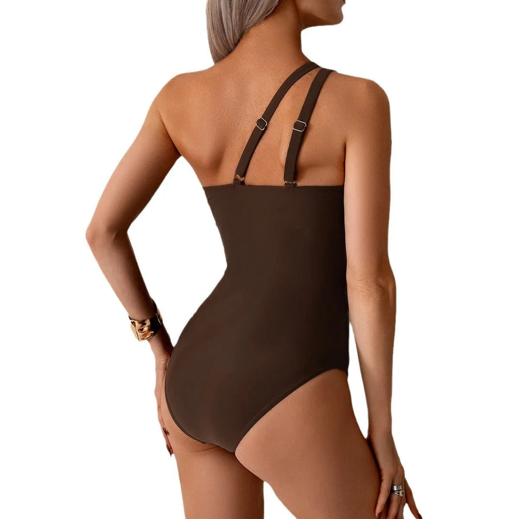 Women's one-piece swimsuit one-shoulder design nylon fabric sleeveless for swimming and wading