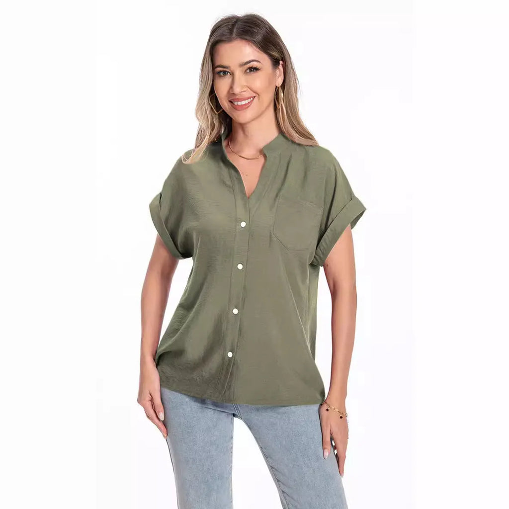 Women's stand collar summer top with button detail and raglan sleeves in loose fit design