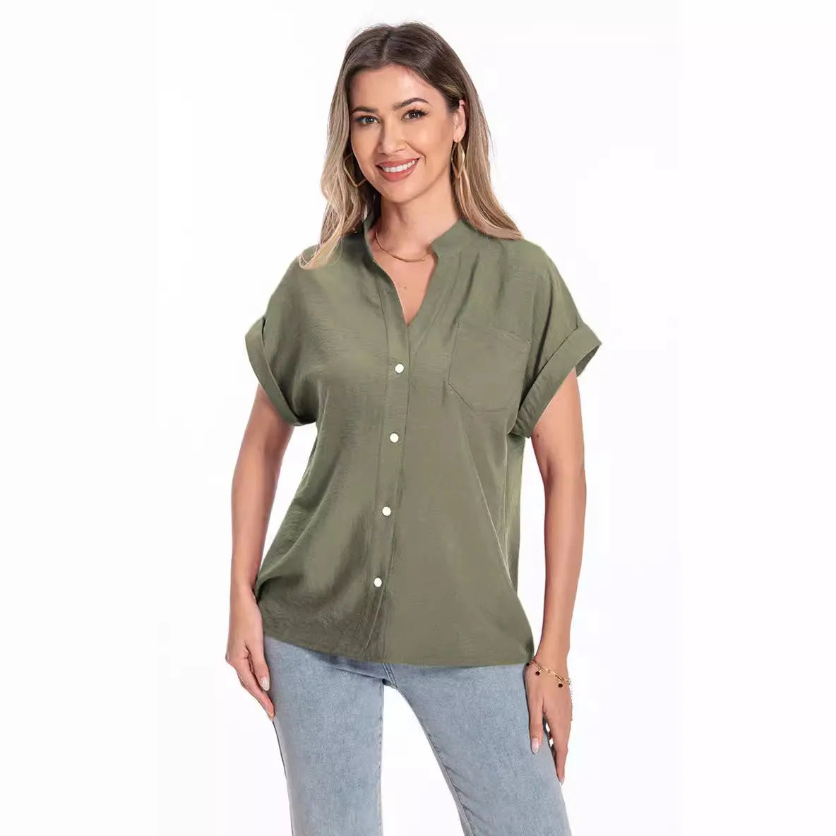Women's stand collar summer top with button detail and raglan sleeves in loose fit design