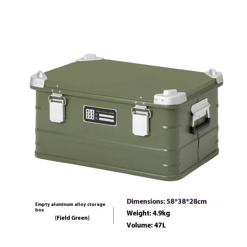 Field green aluminum alloy camping storage box with 58x38x28cm dimensions for vehicle-mounted equipment organisation