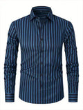 Men's slim fit striped long sleeve shirt in ice silk polyester blend fabric on a hanger.