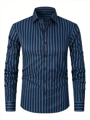 Men's slim fit striped long sleeve shirt in ice silk polyester blend fabric on a hanger.