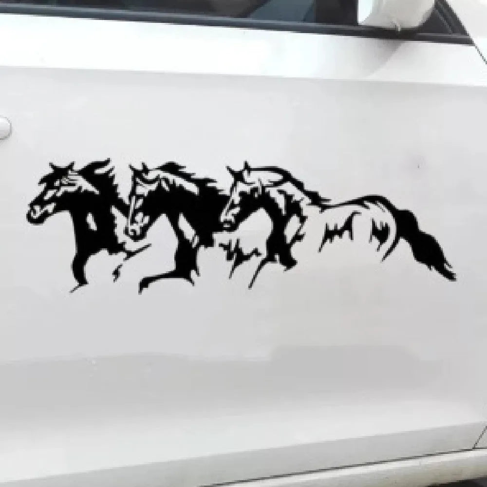 Black, white, red, and blue vinyl car sticker with a rearing horse design, measuring 25cm by 8cm.