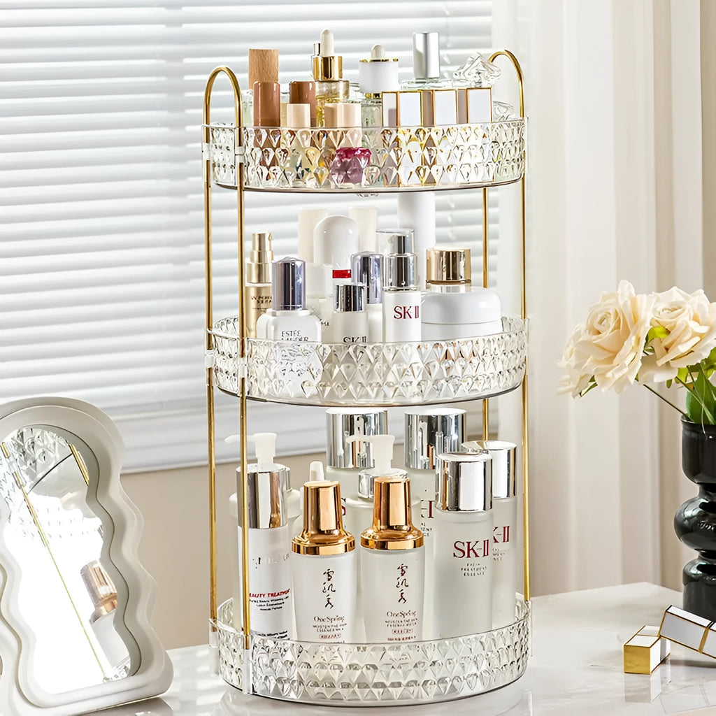 Light luxury cosmetics storage box in PET and metal, available in double layer, single layer, and three layers