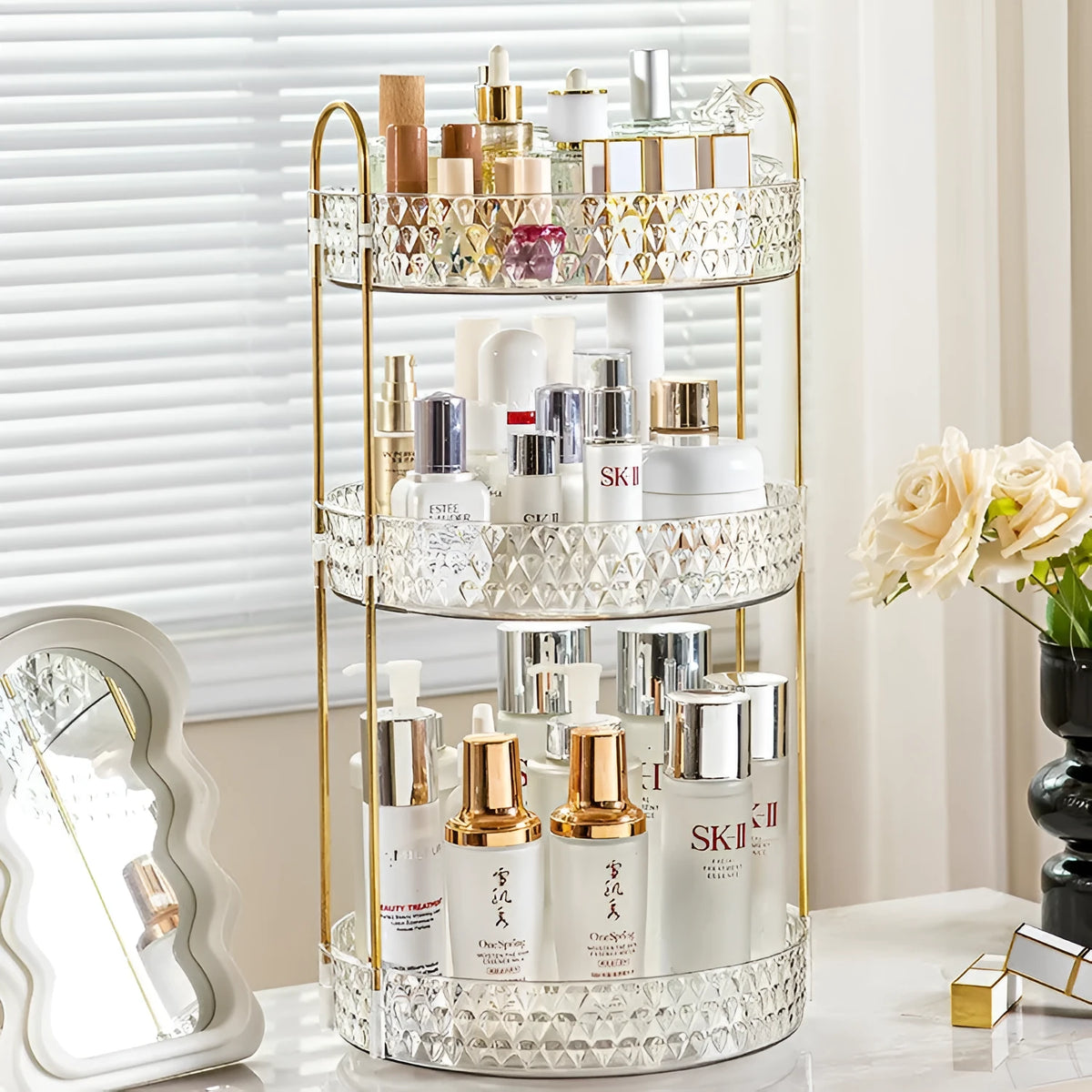 Light luxury cosmetics storage box in PET and metal, available in double layer, single layer, and three layers